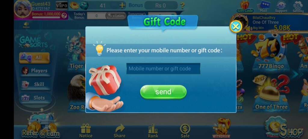 Redeeming a gift code bonus in Teen Patti Pearl.