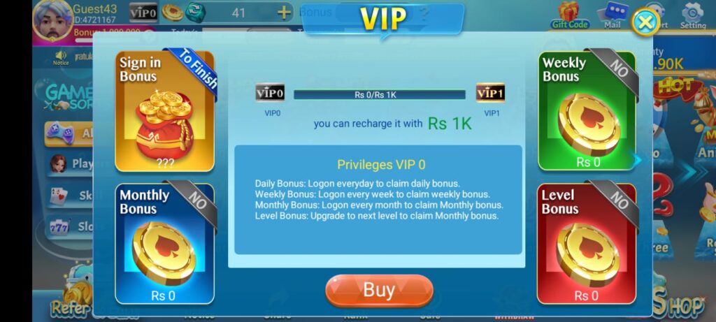 Upgrading to VIP 1 for daily and weekly bonuses in the 3 Patti Pearl game.