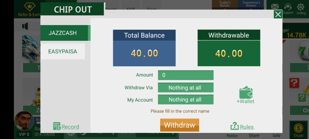 Withdrawing real money from 3 Patti District to a JazzCash account.
